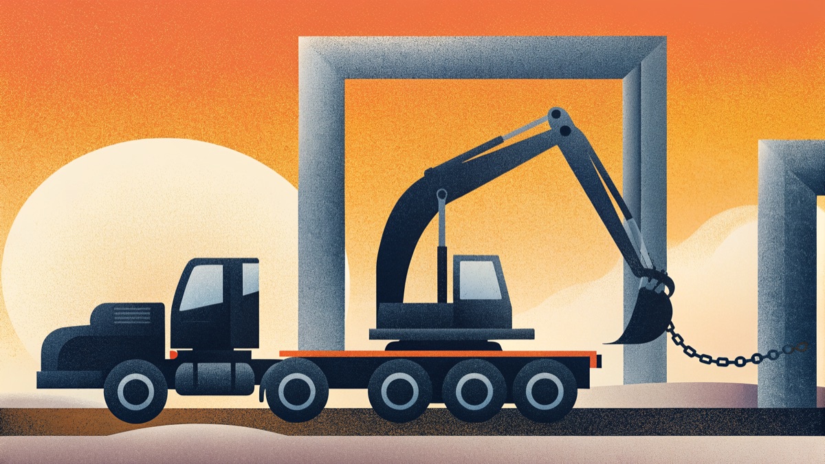 Retro illustration of a semi truck hauling an excavator on a lowboy trailer through a monumental border gate at sunset
