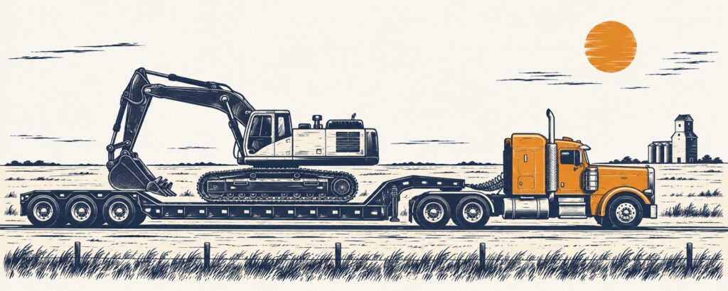 Block print of a lowboy carrying an excavator on a prairie road