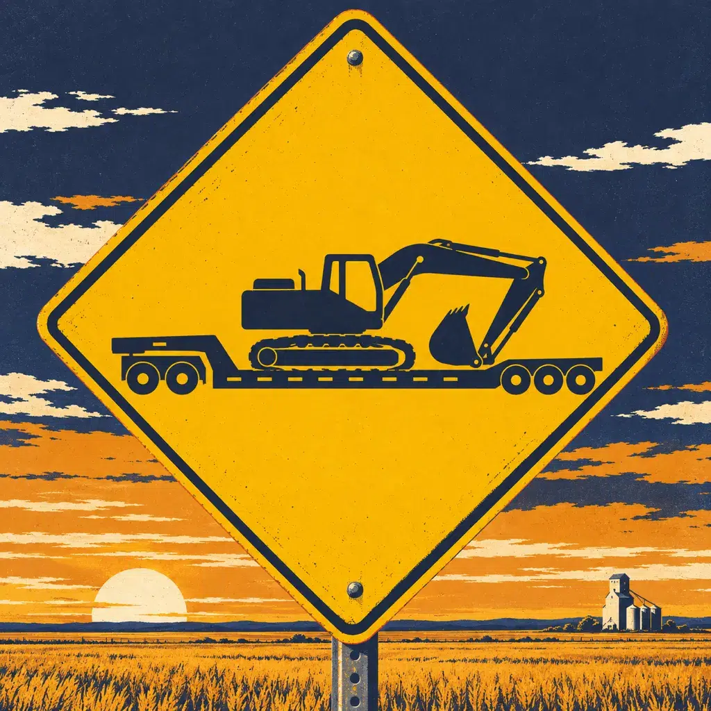 Poster-style yellow road sign showing a lowboy trailer hauling an excavator on the Alberta prairie